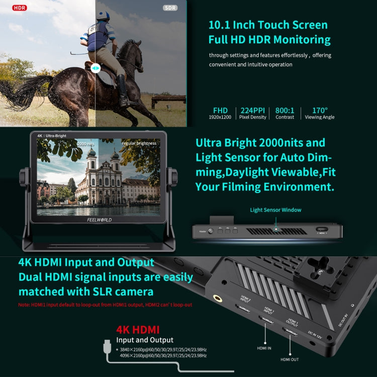 FEELWORLD LUT11H 10.1 Inch Ultra Bright 2000nit DSLR Camera Field Monitor Touch Screen 4K HDMI F970 External Power and Install Kit (US Plug) - On-camera Monitors by FEELWORLD | Online Shopping UK | buy2fix