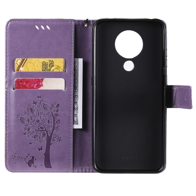 For Nokia 5.3 Tree & Cat Pattern Pressed Printing Horizontal Flip PU Leather Case with Holder & Card Slots & Wallet & Lanyard(Lavender) - Nokia Cases by buy2fix | Online Shopping UK | buy2fix