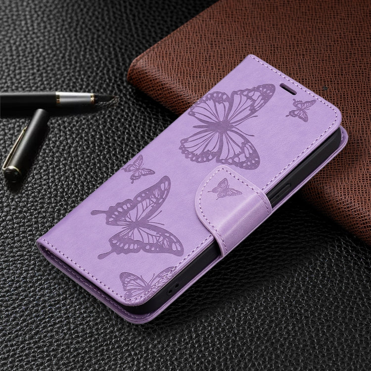 For iPhone 13 Embossing Two Butterflies Pattern Horizontal Flip PU Leather Case with Holder & Card Slot & Wallet & Lanyard(Purple) - iPhone 13 Cases by buy2fix | Online Shopping UK | buy2fix