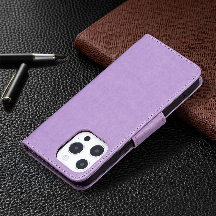 For iPhone 13 Embossing Two Butterflies Pattern Horizontal Flip PU Leather Case with Holder & Card Slot & Wallet & Lanyard(Purple) - iPhone 13 Cases by buy2fix | Online Shopping UK | buy2fix