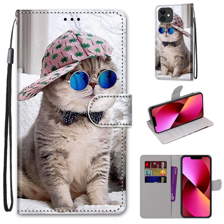 For iPhone 13 Coloured Drawing Cross Texture Horizontal Flip PU Leather Case with Holder & Card Slots & Wallet & Lanyard(Slant Hat Blue Mirror Cat) - iPhone 13 Cases by buy2fix | Online Shopping UK | buy2fix