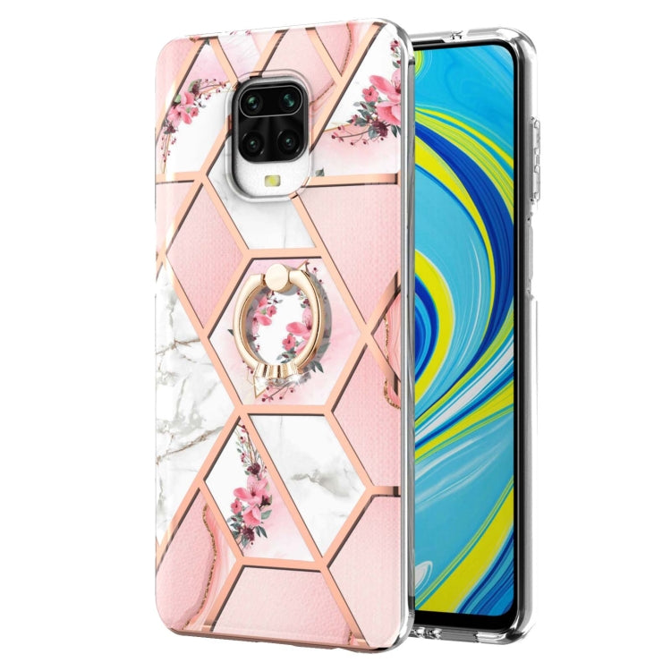 or Xiaomi Redmi Note 9S / Redmi Note 9 Pro / Redmi Note 9 Pro Max Electroplating Splicing Marble Flower Pattern TPU Shockproof Case with Rhinestone Ring Holder(Pink Flower) - Xiaomi Cases by buy2fix | Online Shopping UK | buy2fix