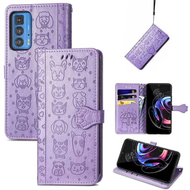 For Motorola Edge 20 Pro Lovely Cat and Dog Embossing Pattern Horizontal Flip Leather Case , with Holder & Card Slots & Wallet & Cartoon Clasp & Lanyard(Purple) - Motorola Cases by buy2fix | Online Shopping UK | buy2fix