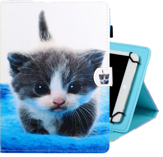 10 inch Universal Colored Drawing Horizontal Flip PU Leather Case with Holder & Card Slot(Blue White cat) - 10 - 11 inch by buy2fix | Online Shopping UK | buy2fix