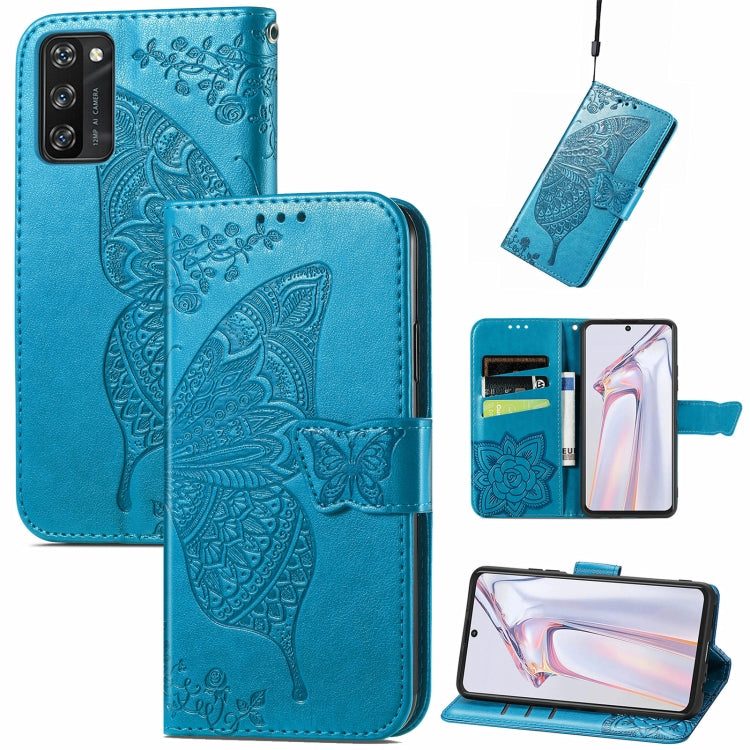 For Blackview A100 Butterfly Love Flower Embossed Horizontal Flip Leather Case with Holder & Card Slots & Wallet & Lanyard(Blue) - More Brand by buy2fix | Online Shopping UK | buy2fix