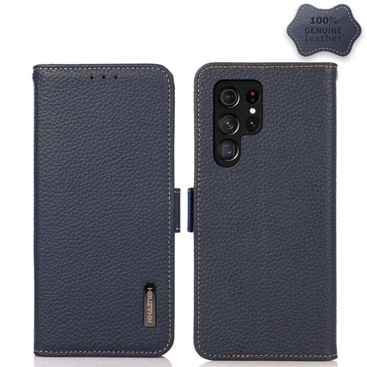 For Samsung Galaxy S22 Ultra 5G KHAZNEH Side-Magnetic Litchi Genuine Leather RFID Phone Case(Blue) - Galaxy S22 Ultra 5G Cases by buy2fix | Online Shopping UK | buy2fix