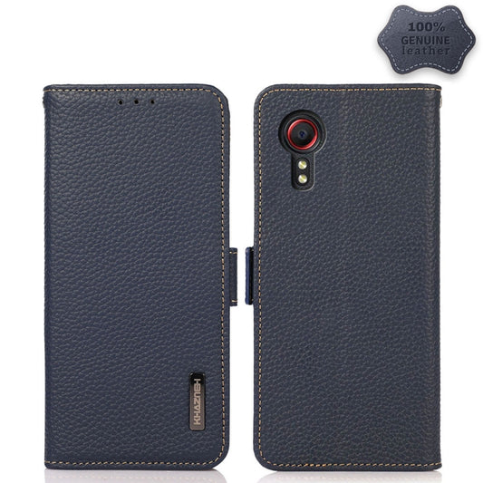 For Samsung Galaxy Xcover 5 KHAZNEH Side-Magnetic Litchi Genuine Leather RFID Phone Case(Blue) - Galaxy Phone Cases by buy2fix | Online Shopping UK | buy2fix