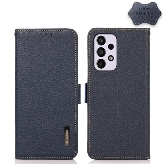 For Samsung Galaxy A73 5G KHAZNEH Side-Magnetic Litchi Genuine Leather RFID Phone Case(Blue) - Galaxy Phone Cases by buy2fix | Online Shopping UK | buy2fix