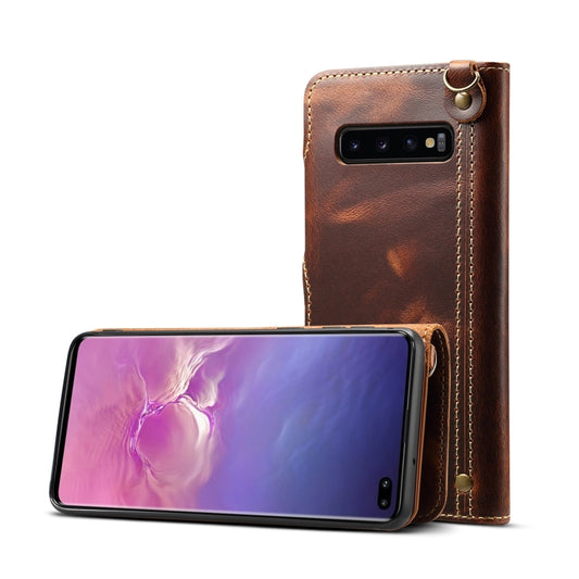 For Galaxy S10 Plus Denior Oil Wax Cowhide Magnetic Button Horizontal Flip Leather Case with Card Slots & Wallet(Brown) - Galaxy Phone Cases by Denior | Online Shopping UK | buy2fix