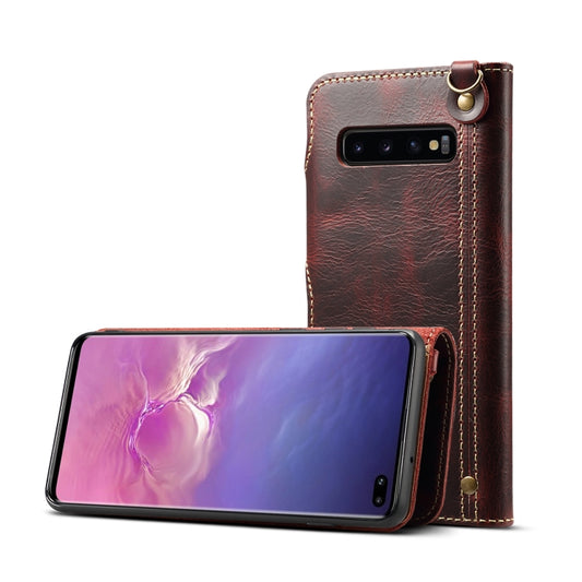 For Galaxy S10 Plus Denior Oil Wax Cowhide Magnetic Button Horizontal Flip Leather Case with Card Slots & Wallet(Dark Red) - Galaxy Phone Cases by Denior | Online Shopping UK | buy2fix