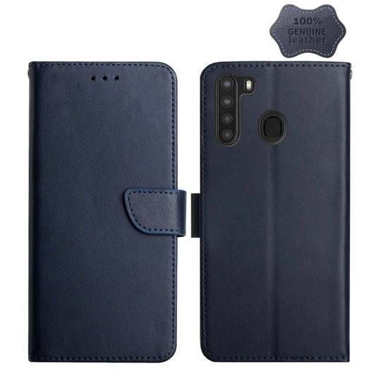 For Samsung Galaxy A21 Genuine Leather Fingerprint-proof Horizontal Flip Phone Case(Blue) - Galaxy Phone Cases by buy2fix | Online Shopping UK | buy2fix