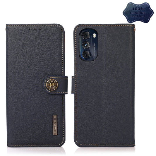 For Motorola Moto G 2022 5G KHAZNEH Custer Genuine Leather RFID Phone Case(Blue) - Motorola Cases by buy2fix | Online Shopping UK | buy2fix