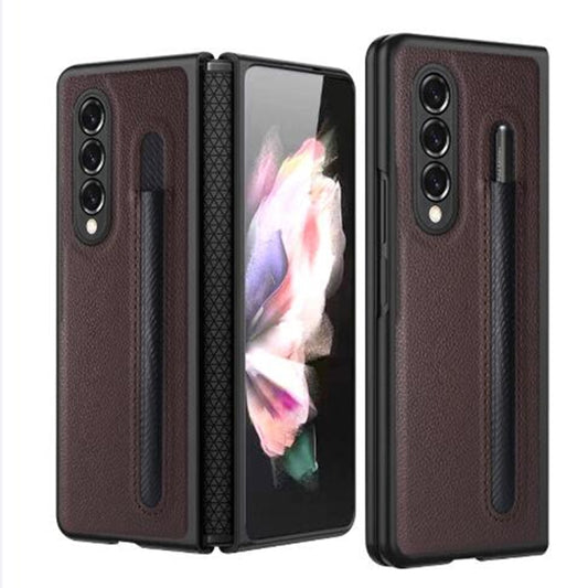 For Samsung Galaxy Z Fold4 Litchi Texture Hinge Protection Folding Phone Case(Brown) - Galaxy Z Fold4 5G Cases by buy2fix | Online Shopping UK | buy2fix