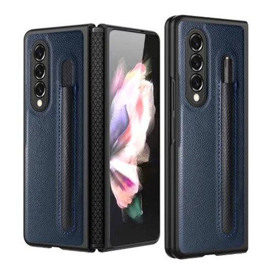 For Samsung Galaxy Z Fold4 Litchi Texture Hinge Protection Folding Phone Case(Blue) - Galaxy Z Fold4 5G Cases by buy2fix | Online Shopping UK | buy2fix