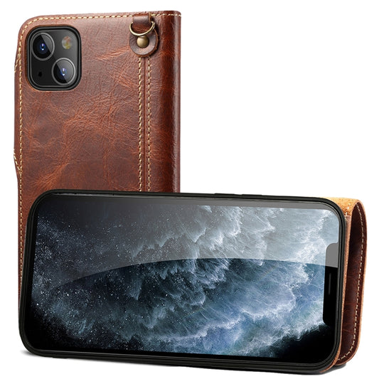 For iPhone 14 Denior Oil Wax Cowhide Magnetic Button Genuine Leather Case(Brown) - iPhone 14 Cases by Denior | Online Shopping UK | buy2fix