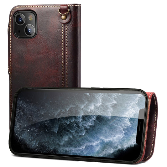 For iPhone 14 Denior Oil Wax Cowhide Magnetic Button Genuine Leather Case(Dark Red) - iPhone 14 Cases by Denior | Online Shopping UK | buy2fix