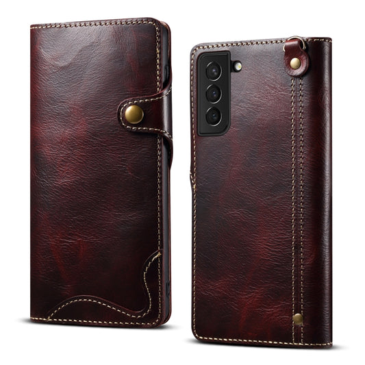 For Samsung Galaxy S21 5G Denior Oil Wax Cowhide Magnetic Button Genuine Leather Case(Dark Red) - Galaxy S21 5G Cases by Denior | Online Shopping UK | buy2fix