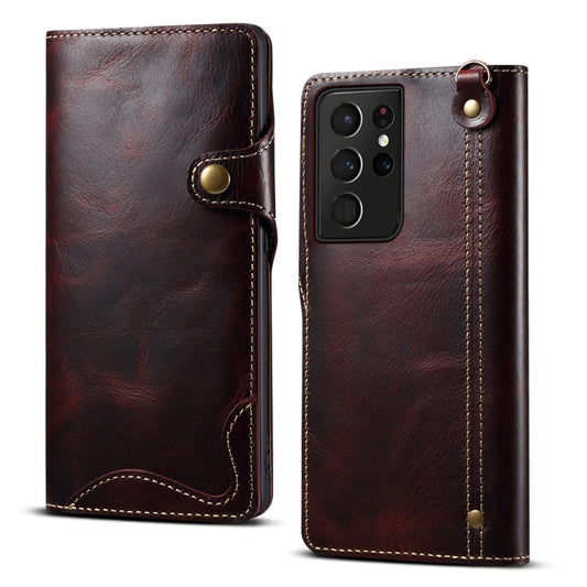 For Samsung Galaxy S21 Ultra 5G Denior Oil Wax Cowhide Magnetic Button Genuine Leather Case(Dark Red) - Galaxy S21 Ultra 5G Cases by Denior | Online Shopping UK | buy2fix