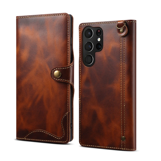 For Samsung Galaxy S22 Ultra 5G Denior Oil Wax Cowhide Magnetic Button Genuine Leather Case(Brown) - Galaxy S22 Ultra 5G Cases by Denior | Online Shopping UK | buy2fix