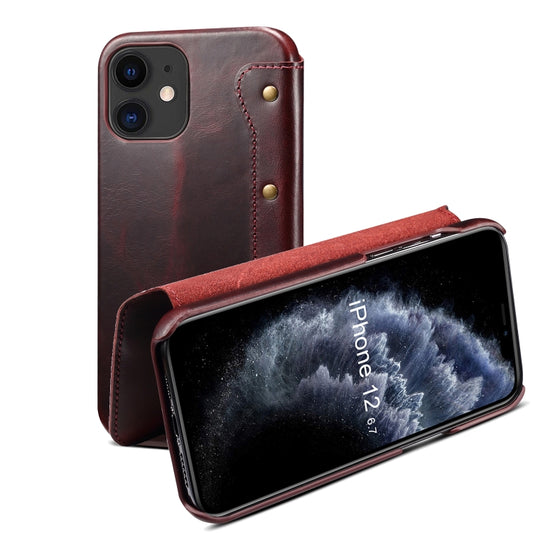 For iPhone 12 mini Denior Oil Wax Top Layer Cowhide Simple Flip Leather Case(Dark Red) - iPhone 12 mini Cases by Denior | Online Shopping UK | buy2fix