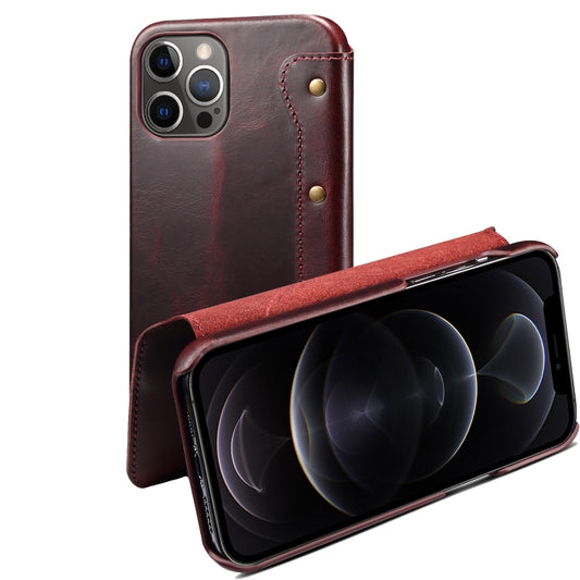 For iPhone 12 Pro Max Denior Oil Wax Top Layer Cowhide Simple Flip Leather Case(Dark Red) - iPhone 12 Pro Max Cases by Denior | Online Shopping UK | buy2fix