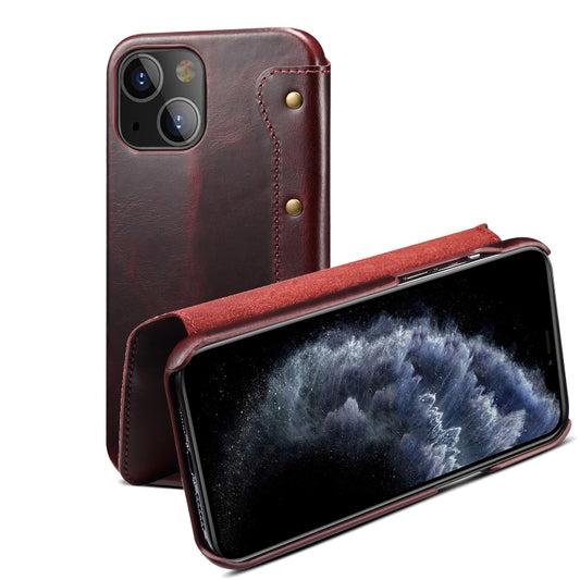 For iPhone 13 mini Denior Oil Wax Top Layer Cowhide Simple Flip Leather Case(Dark Red) - iPhone 13 mini Cases by Denior | Online Shopping UK | buy2fix