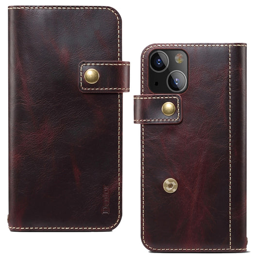 For iPhone 13 Denior Oil Wax Cowhide DK Magnetic Button Leather Phone Case(Dark Red) - iPhone 13 Cases by Denior | Online Shopping UK | buy2fix