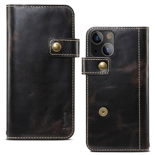 For iPhone 14 Denior Oil Wax Cowhide DK Magnetic Button Leather Phone Case(Black) - iPhone 14 Cases by Denior | Online Shopping UK | buy2fix