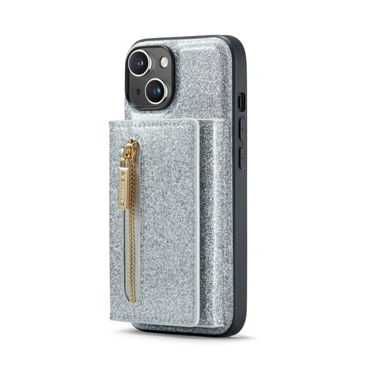 For iPhone 14 Plus DG.MING M3 Series Glitter Powder Card Bag Leather Case(Silver) - iPhone 14 Plus Cases by DG.MING | Online Shopping UK | buy2fix