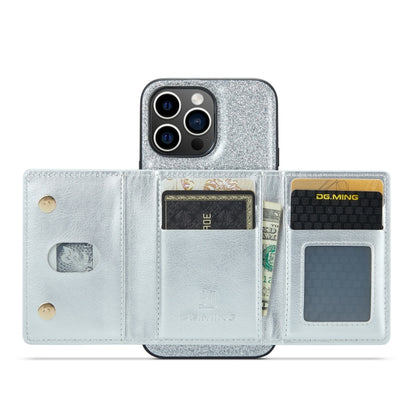 For iPhone 14 Pro DG.MING M3 Series Glitter Powder Card Bag Leather Case(Silver) - iPhone 14 Pro Cases by DG.MING | Online Shopping UK | buy2fix