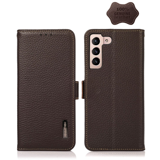 For Samsung Galaxy A24 4G KHAZNEH Side-Magnetic Litchi Genuine Leather RFID Phone Case(Brown) - Galaxy Phone Cases by buy2fix | Online Shopping UK | buy2fix