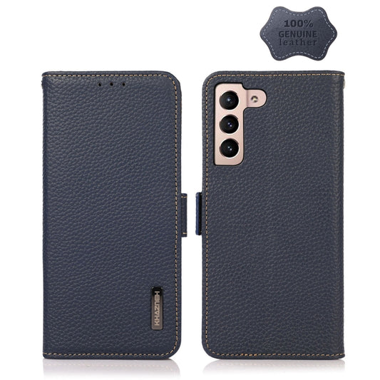 For Samsung Galaxy A24 4G KHAZNEH Side-Magnetic Litchi Genuine Leather RFID Phone Case(Blue) - Galaxy Phone Cases by buy2fix | Online Shopping UK | buy2fix