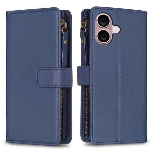 For iPhone 16 Plus 9 Card Slots Zipper Wallet Leather Flip Phone Case(Blue) - iPhone 16 Plus Cases by buy2fix | Online Shopping UK | buy2fix