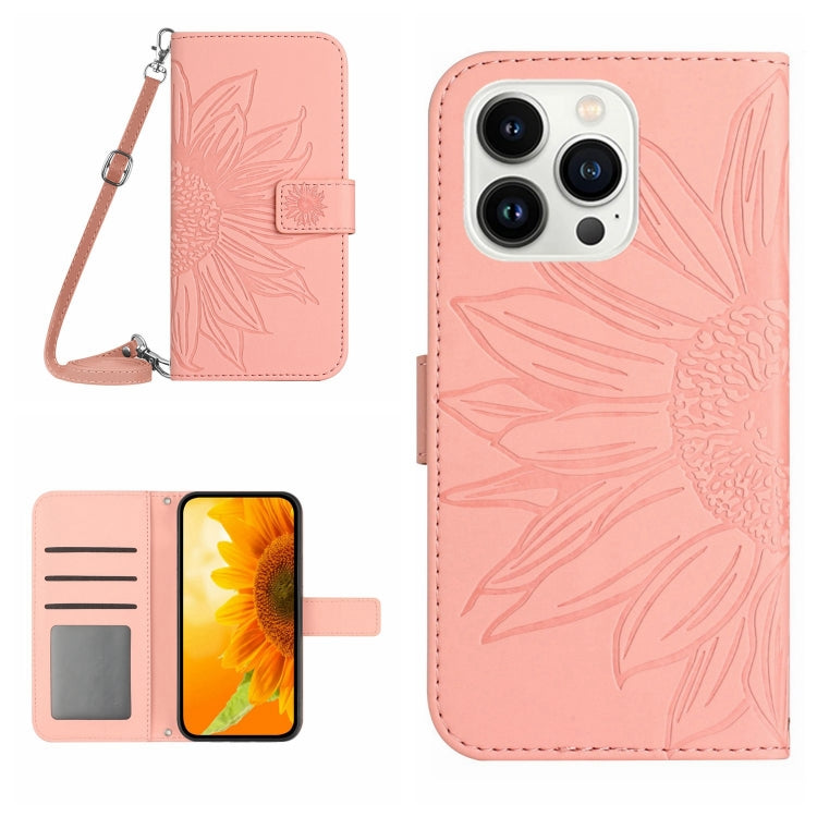 For iPhone 16 Pro Skin Feel Sun Flower Embossed Flip Leather Phone Case with Lanyard(Pink) - iPhone 16 Pro Cases by buy2fix | Online Shopping UK | buy2fix