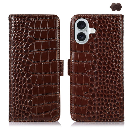 For iPhone 16 Crocodile Top Layer Cowhide Leather Phone Case(Brown) - iPhone 16 Cases by buy2fix | Online Shopping UK | buy2fix