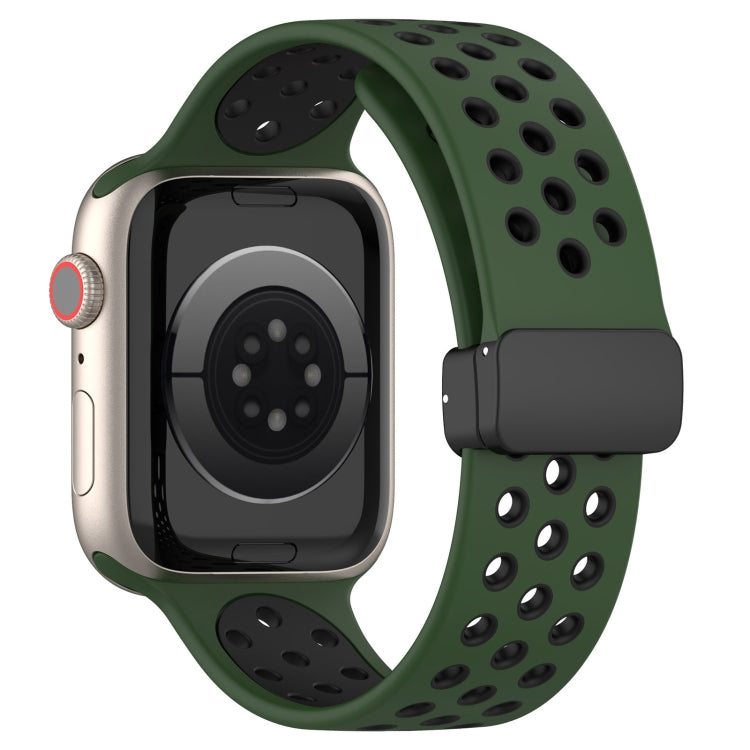 For Apple Watch SE 44mm Magnetic Buckle Silicone Watch Band(Army Green Black) - Watch Bands by buy2fix | Online Shopping UK | buy2fix