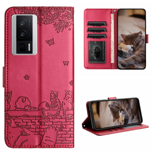 For Xiaomi Poco F5 Pro Cat Embossing Pattern Leather Phone Case with Lanyard(Red) - Xiaomi Cases by buy2fix | Online Shopping UK | buy2fix