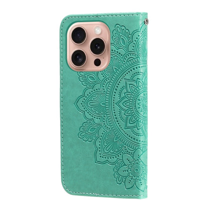 For iPhone 16 Pro 7-petal Flowers Embossing Leather Phone Case(Green) - iPhone 16 Pro Cases by buy2fix | Online Shopping UK | buy2fix