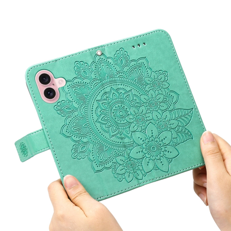 For iPhone 16 7-petal Flowers Embossing Leather Phone Case(Green) - iPhone 16 Cases by buy2fix | Online Shopping UK | buy2fix