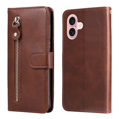 For iPhone 16 Fashion Calf Texture Zipper Leather Phone Case(Brown) - iPhone 16 Cases by buy2fix | Online Shopping UK | buy2fix