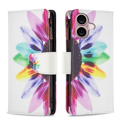 For iPhone 16 Colored Drawing Pattern Zipper Phone Leather Case(Sun Flower) - iPhone 16 Cases by buy2fix | Online Shopping UK | buy2fix