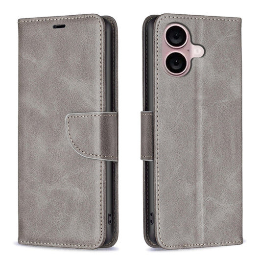 For iPhone 16 Lambskin Texture Pure Color Flip Leather Phone Case(Grey) - iPhone 16 Cases by buy2fix | Online Shopping UK | buy2fix