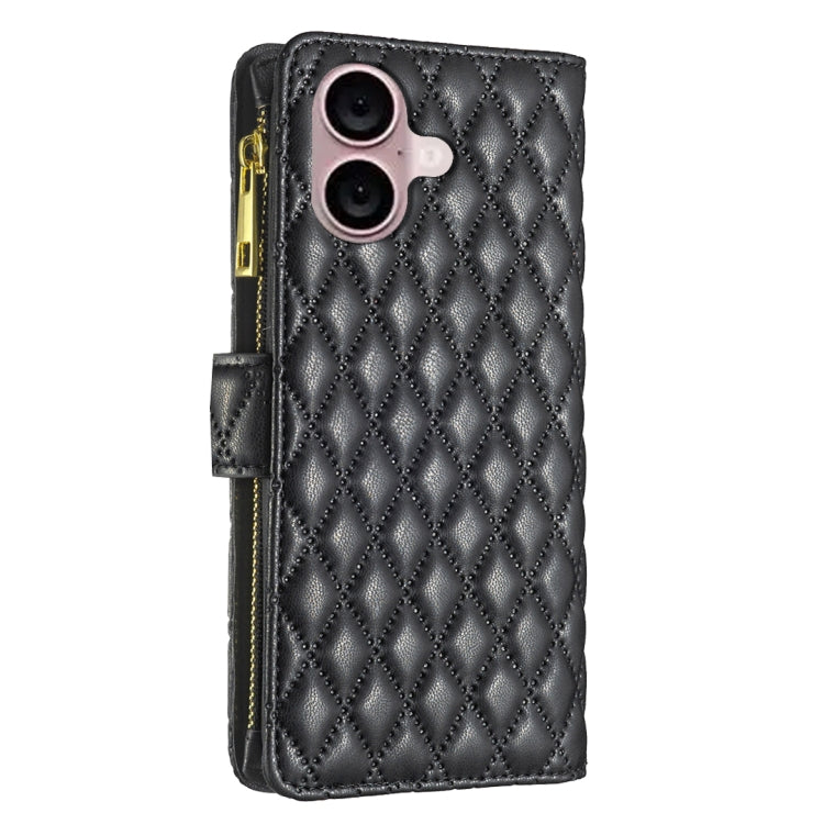 For iPhone 16 Plus Diamond Lattice Zipper Wallet Leather Flip Phone Case(Black) - iPhone 16 Plus Cases by buy2fix | Online Shopping UK | buy2fix