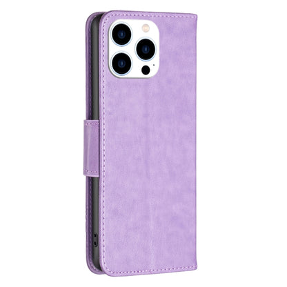 For iPhone 16 Pro Max Embossing Two Butterflies Pattern Leather Phone Case(Purple) - iPhone 16 Pro Max Cases by buy2fix | Online Shopping UK | buy2fix