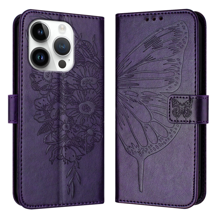 For iPhone 16 Pro Embossed Butterfly Leather Phone Case(Dark Purple) - iPhone 16 Pro Cases by buy2fix | Online Shopping UK | buy2fix