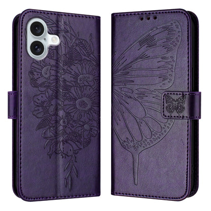 For iPhone 16 Plus Embossed Butterfly Leather Phone Case(Dark Purple) - iPhone 16 Plus Cases by buy2fix | Online Shopping UK | buy2fix