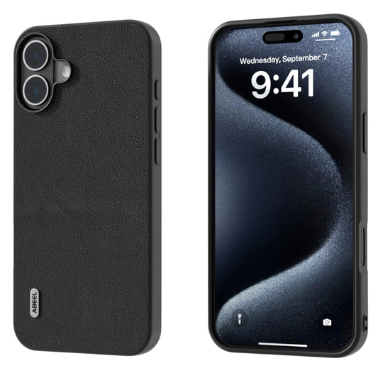 For iPhone 16 Plus ABEEL Genuine Leather Wave Black Edge Phone Case(Black) - iPhone 16 Plus Cases by buy2fix | Online Shopping UK | buy2fix