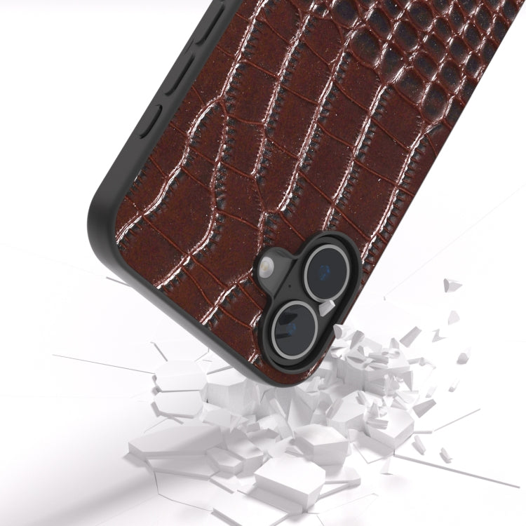 For iPhone 16 ABEEL Genuine Leather Crocodile Pattern Black Edge Phone Case(Coffee) - iPhone 16 Cases by buy2fix | Online Shopping UK | buy2fix