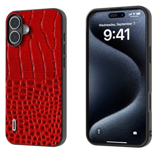 For iPhone 16 Plus ABEEL Genuine Leather Crocodile Pattern Black Edge Phone Case(Red) - iPhone 16 Plus Cases by buy2fix | Online Shopping UK | buy2fix