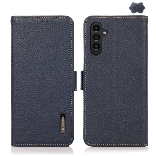 For Samsung Galaxy S23 FE KHAZNEH Side-Magnetic Litchi Genuine Leather RFID Phone Case(Blue) - Galaxy Phone Cases by buy2fix | Online Shopping UK | buy2fix